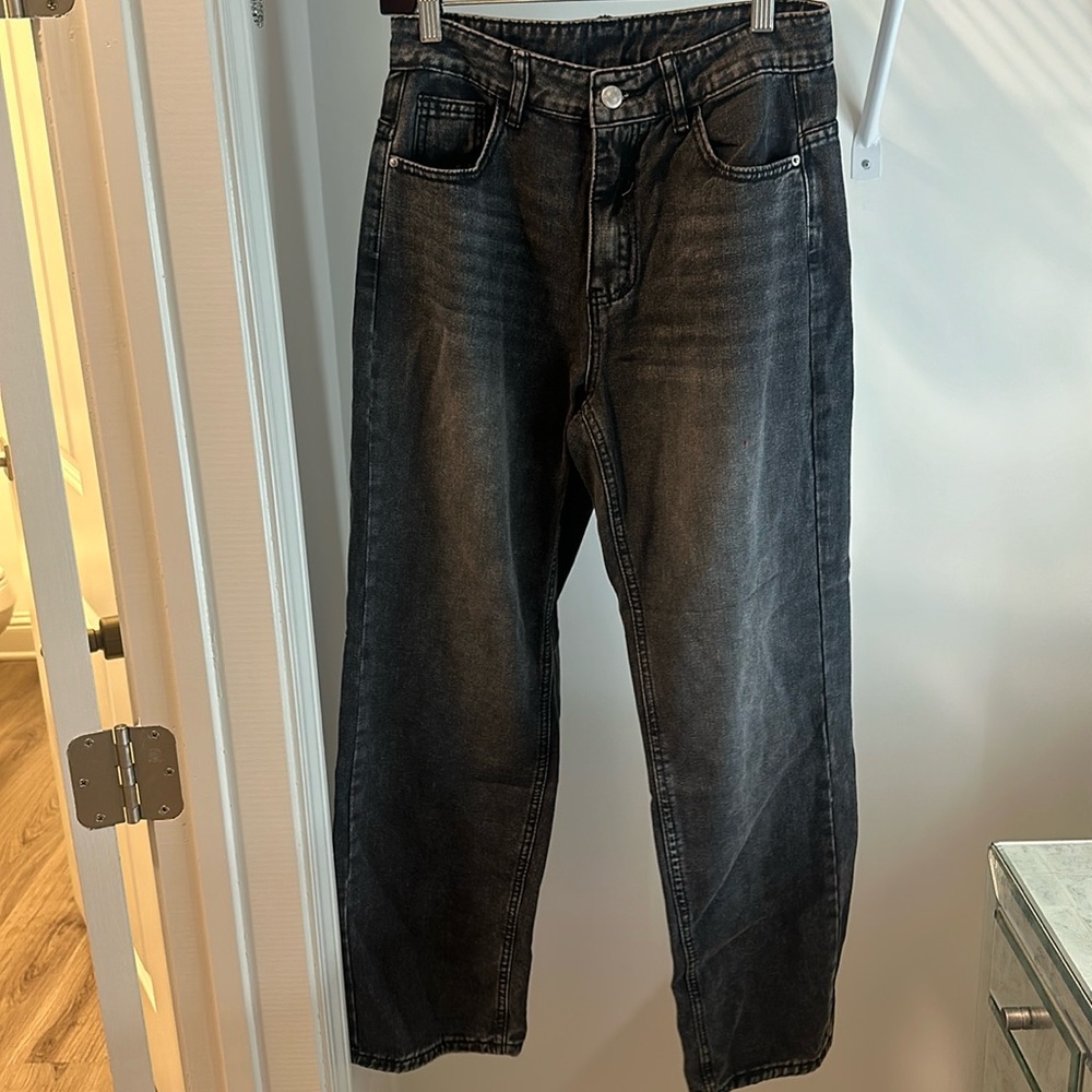 Washed Black Baggy Jeans With Tightening Back Strap